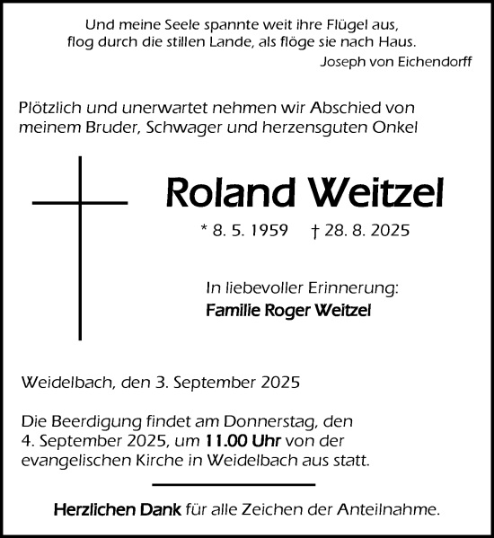 Traueranzeige von Roland Weitzel von Dill Block