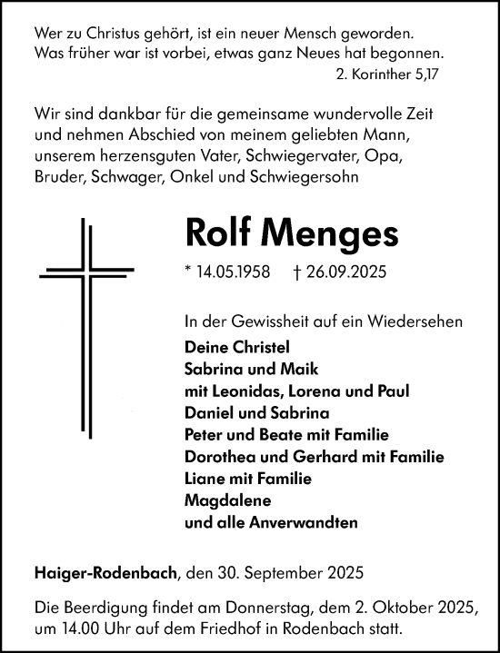 Traueranzeige von Rolf Menges von Dill Block