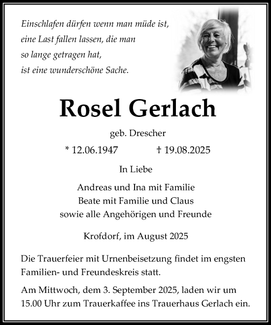 Traueranzeige von Rosel Gerlach von Wetzlarer Neue Zeitung