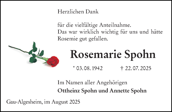 Traueranzeige von Rosemarie Spohn von Allgemeine Zeitung Rheinhessen-Nahe