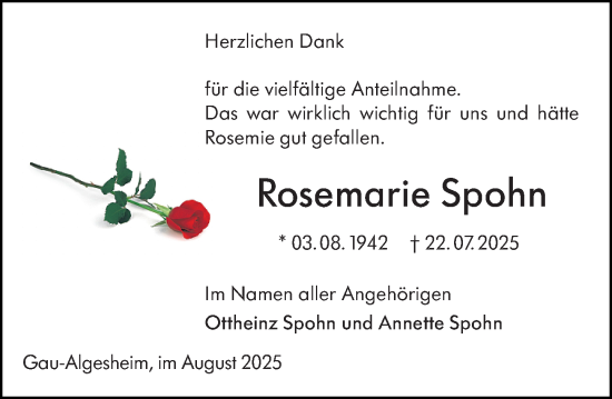 Traueranzeige von Rosemarie Spohn von Binger-/Ingelheimer Wochenblatt