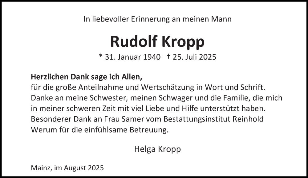  Traueranzeige für Rudolf Kropp vom 30.08.2025 aus Allgemeine Zeitung Mainz