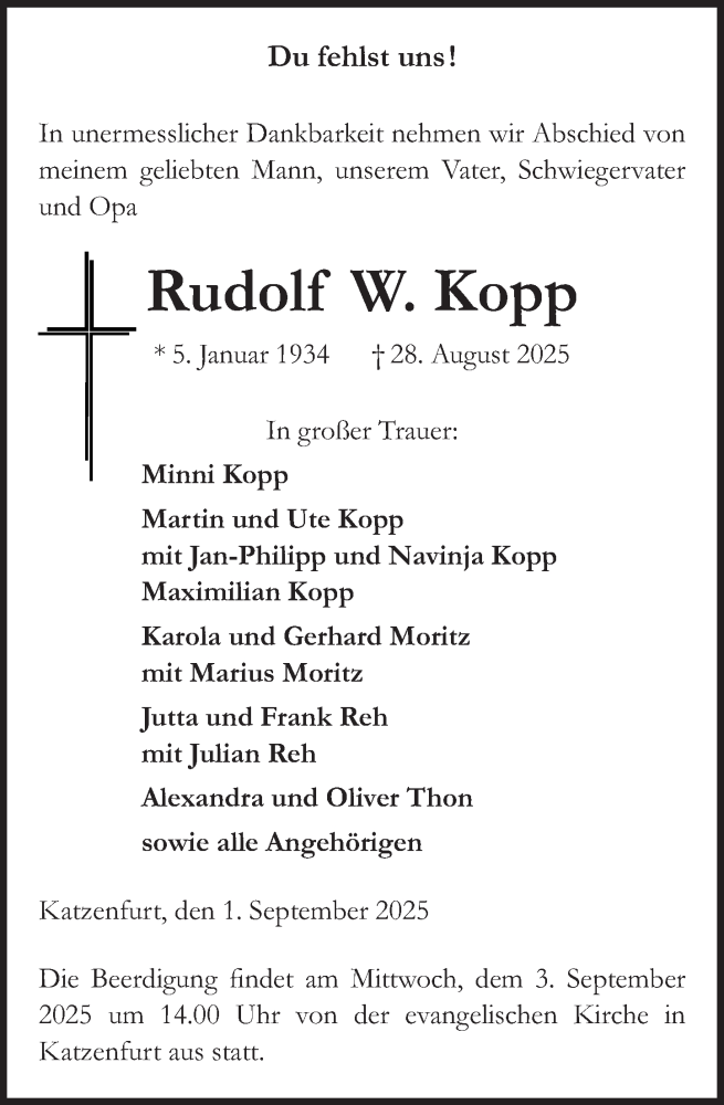  Traueranzeige für Rudolf W. Kopp vom 01.09.2025 aus Dill Block