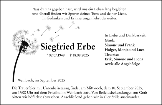 Traueranzeige von Siegfried Erbe von Weilburger Tageblatt