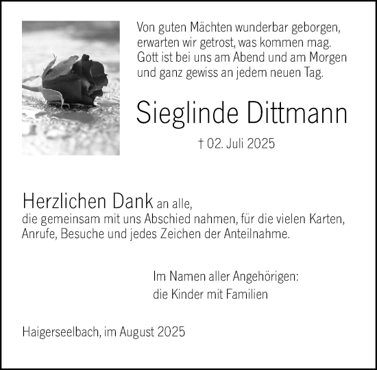 Traueranzeige von Sieglinde Dittmann von Dill Block