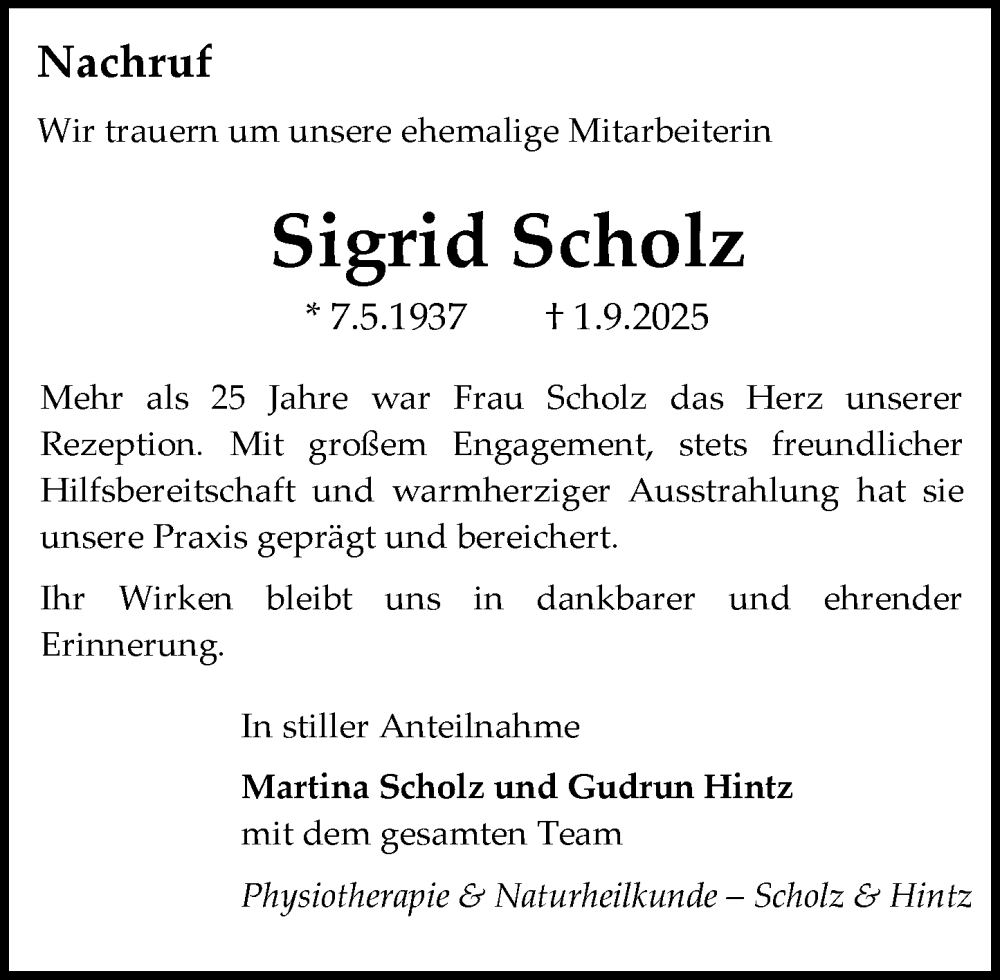  Traueranzeige für Sigrid Scholz vom 13.09.2025 aus Darmstädter Echo