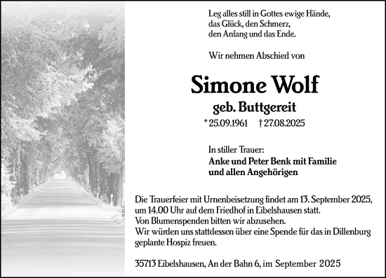 Traueranzeige von Simone Wolf von Dill Block