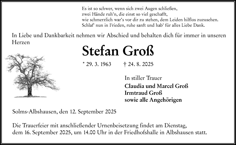  Traueranzeige für Stefan Groß vom 12.09.2025 aus Wetzlarer Neue Zeitung