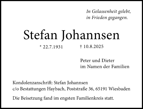 Traueranzeige von Stefan Johannsen von Wiesbadener Kurier