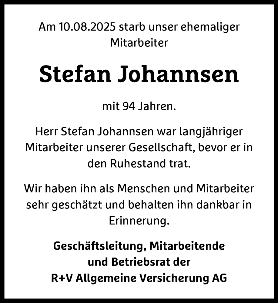  Traueranzeige für Stefan Johannsen vom 13.09.2025 aus Wiesbadener Kurier