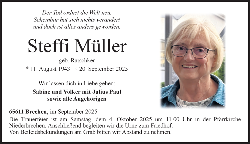  Traueranzeige für Steffi Müller vom 25.09.2025 aus Camberger Anzeiger