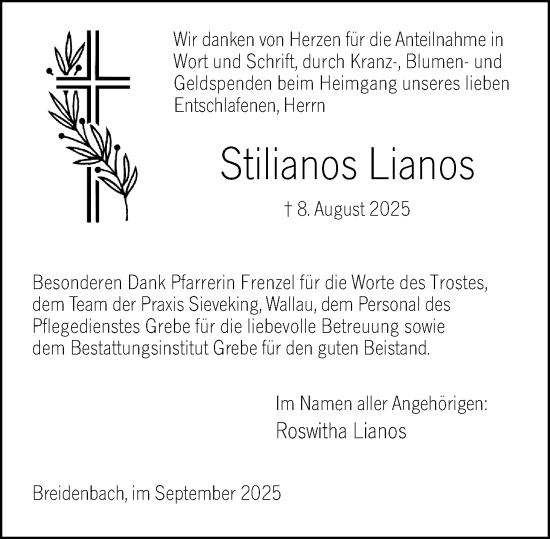 Traueranzeige von Stilianos Lianos von Hinterländer Anzeiger