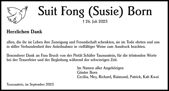 Traueranzeige von Suit Fong Born von Wiesbadener Kurier