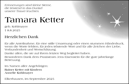 Traueranzeige von Tamara Ketter von Weilburger Tageblatt