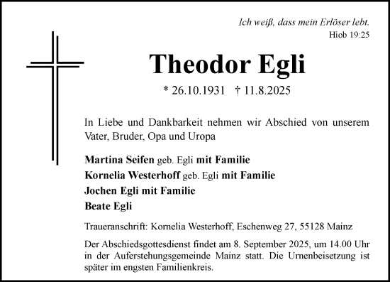 Traueranzeige von Theodor Egli von Allgemeine Zeitung Mainz