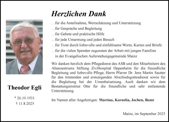 Traueranzeige von Theodor Egli von Allgemeine Zeitung Mainz