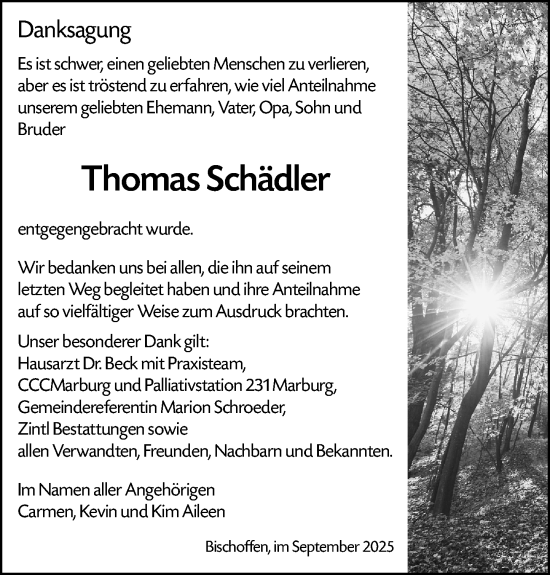 Traueranzeige von Thomas Schädler von Dill Block