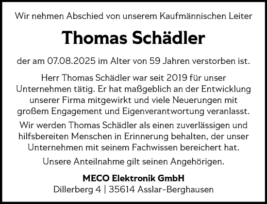 Traueranzeige von Thomas Schädler von Wetzlarer Neue Zeitung