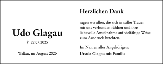 Traueranzeige von Udo Glagau von Hinterländer Anzeiger