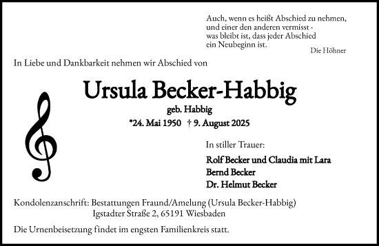 Traueranzeige von Ursula Becker-Habbig von Wiesbadener Kurier