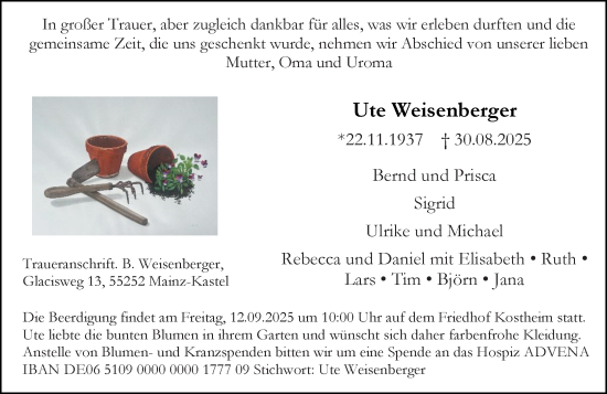 Traueranzeige von Ute Weisenberger von Allgemeine Zeitung Mainz