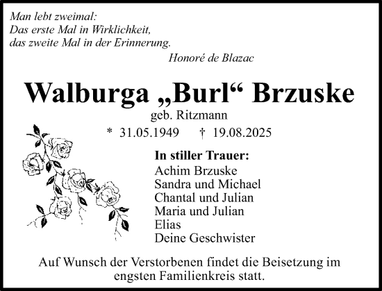 Traueranzeige von Walburga Brzuske von Binger-/Ingelheimer Wochenblatt
