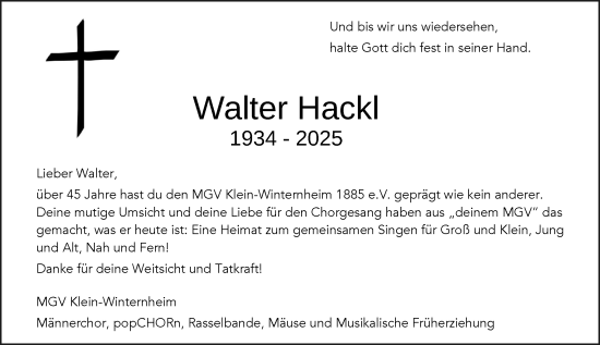 Traueranzeige von Walter Hackl von Allgemeine Zeitung Mainz