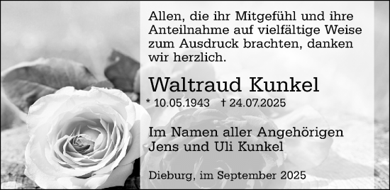 Traueranzeige von Waltraud Kunkel von Dieburger Anzeiger/Groß-Zimmerner Lokal-Anzeiger
