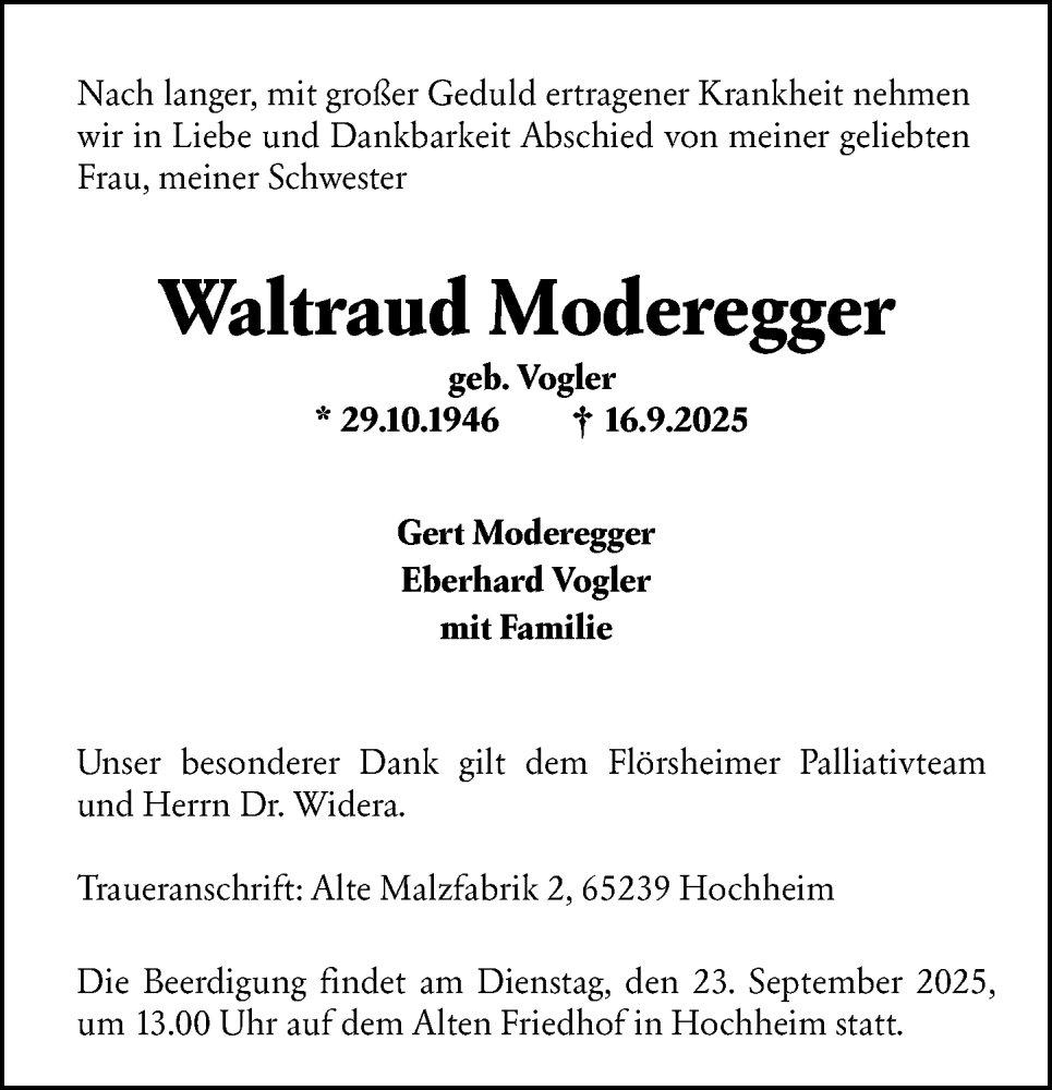  Traueranzeige für Waltraud Moderegger vom 19.09.2025 aus Hochheimer Zeitung