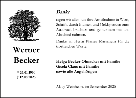 Traueranzeige von Werner Becker von Allgemeine Zeitung Alzey
