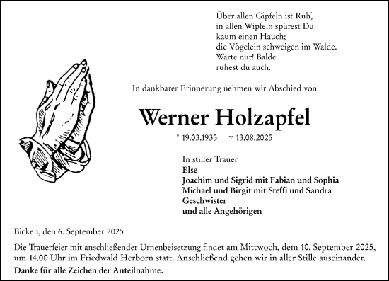 Traueranzeige von Werner Holzapfel von Dill Block