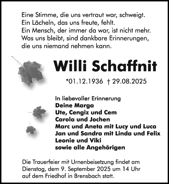 Traueranzeige von Willi Schaffnit von Odenwälder Echo