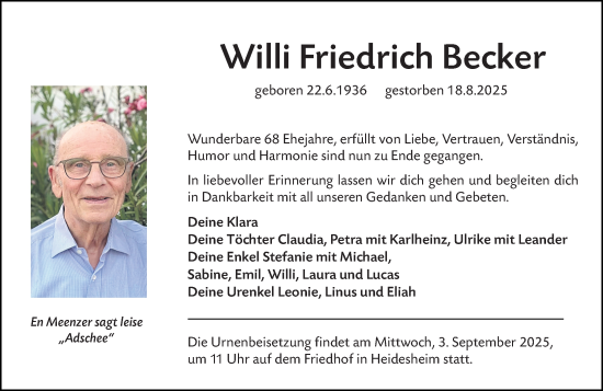 Traueranzeige von Willi Friedrich Becker von Allgemeine Zeitung Mainz