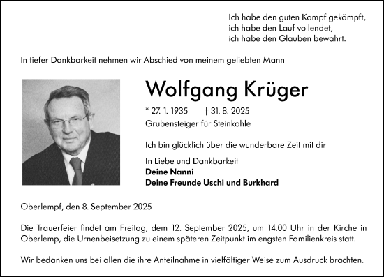 Traueranzeige von Wolfgang Krüger von Wetzlarer Neue Zeitung