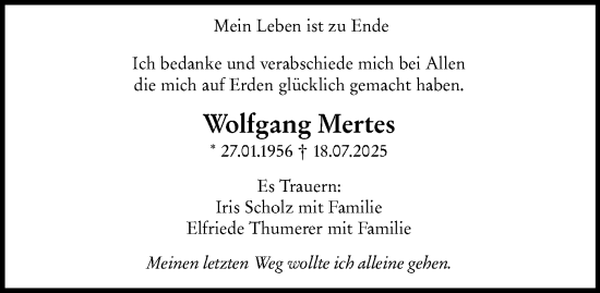 Traueranzeige von Wolfgang Mertes von Allgemeine Zeitung Mainz