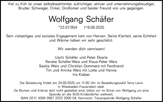 Traueranzeige von Wolfgang Schäfer von Allgemeine Zeitung Mainz