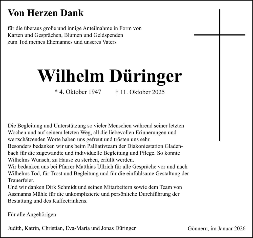  Traueranzeige für Wilhelm Düringer vom 03.01.2026 aus Hinterländer Anzeiger
