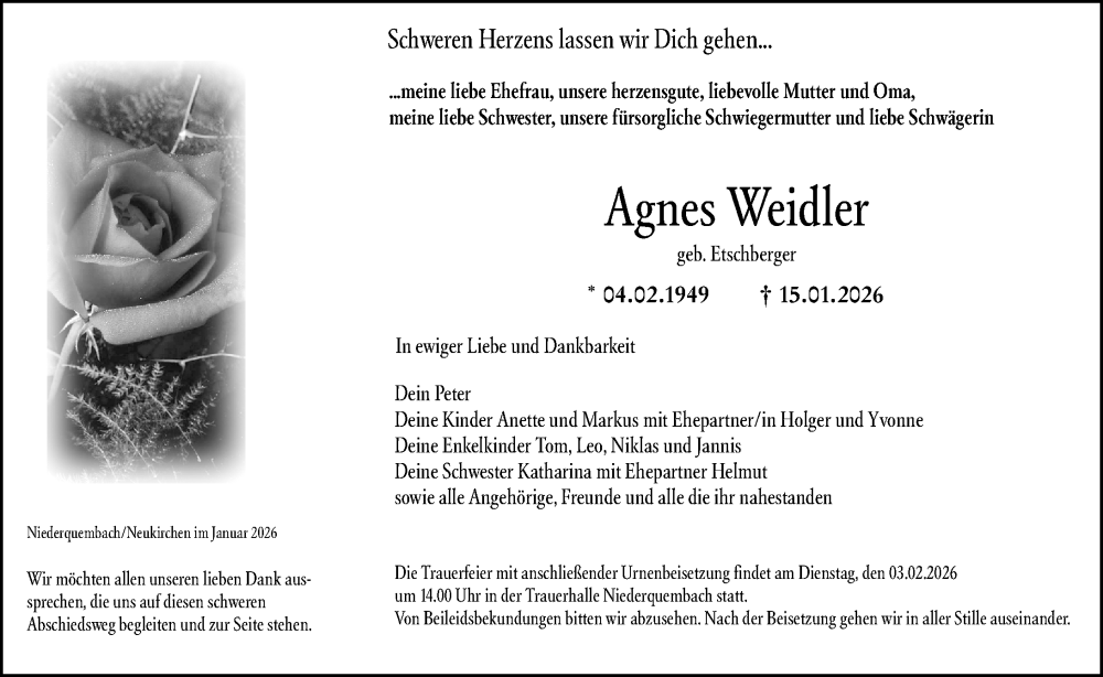 Traueranzeige für Agnes Weidler vom 31.01.2026 aus Wetzlarer Neue Zeitung