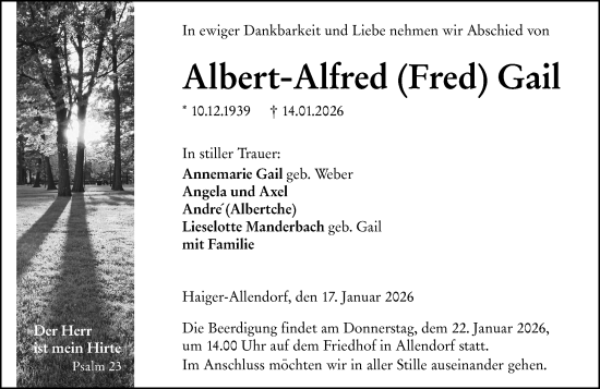 Traueranzeige von Albert-Alfred Gail von Dill Block