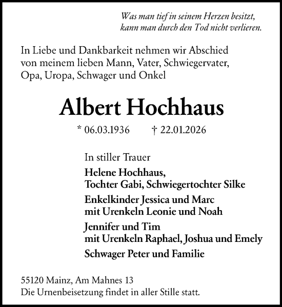 Traueranzeige von Albert Hochhaus von Allgemeine Zeitung Mainz