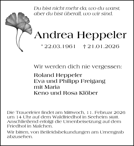 Traueranzeige von Andrea Heppeler von Darmstädter Echo