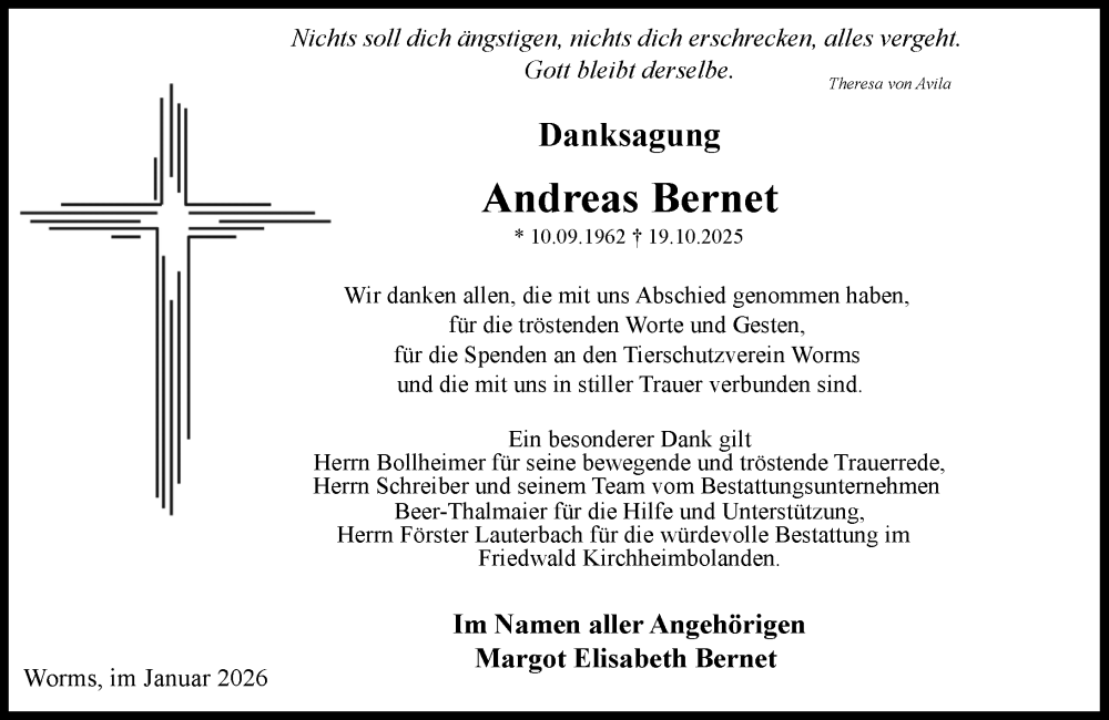  Traueranzeige für Andreas Bernet vom 24.01.2026 aus Wormser Zeitung