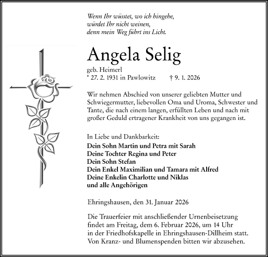 Traueranzeige von Angela Selig von Wetzlarer Neue Zeitung