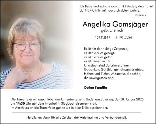 Traueranzeige von Angelika Gamsjäger von Hinterländer Anzeiger