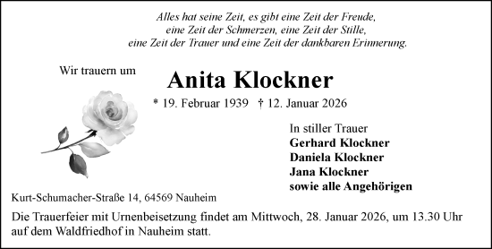 Traueranzeige von Anita Klockner von Groß-Gerauer Echo