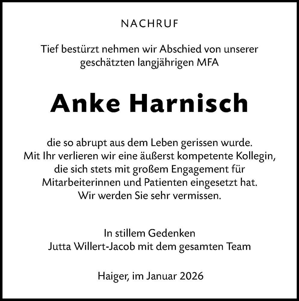  Traueranzeige für Anke Harnisch vom 30.01.2026 aus Dill Block