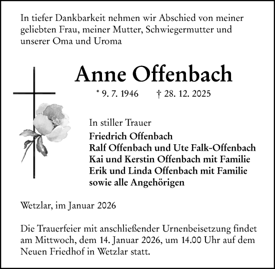 Traueranzeige von Anne Offenbach von Wetzlarer Neue Zeitung