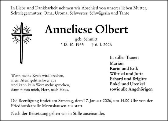 Traueranzeige von Anneliese Olbert von Hinterländer Anzeiger