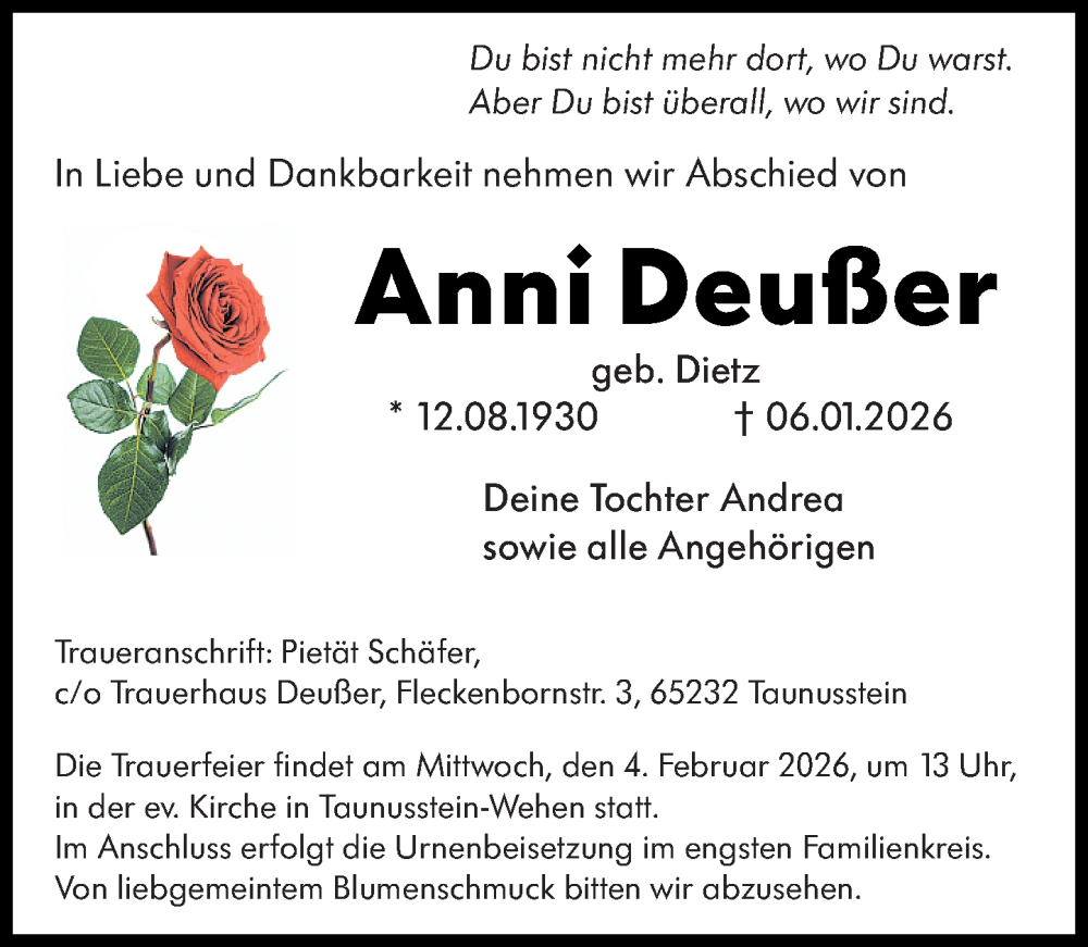  Traueranzeige für Anni Deußer vom 24.01.2026 aus Idsteiner Land/Untertaunus