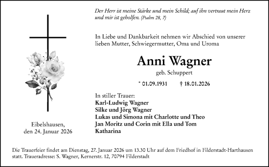 Traueranzeige von Anni Wagner von Hinterländer Anzeiger